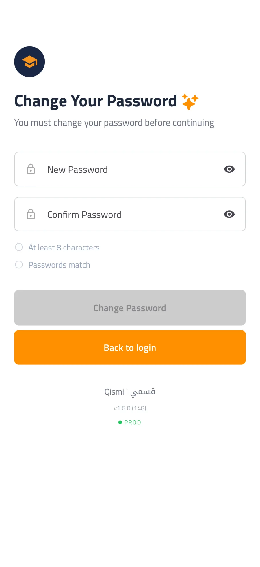 The “Change Your Password” screen on first sign-in