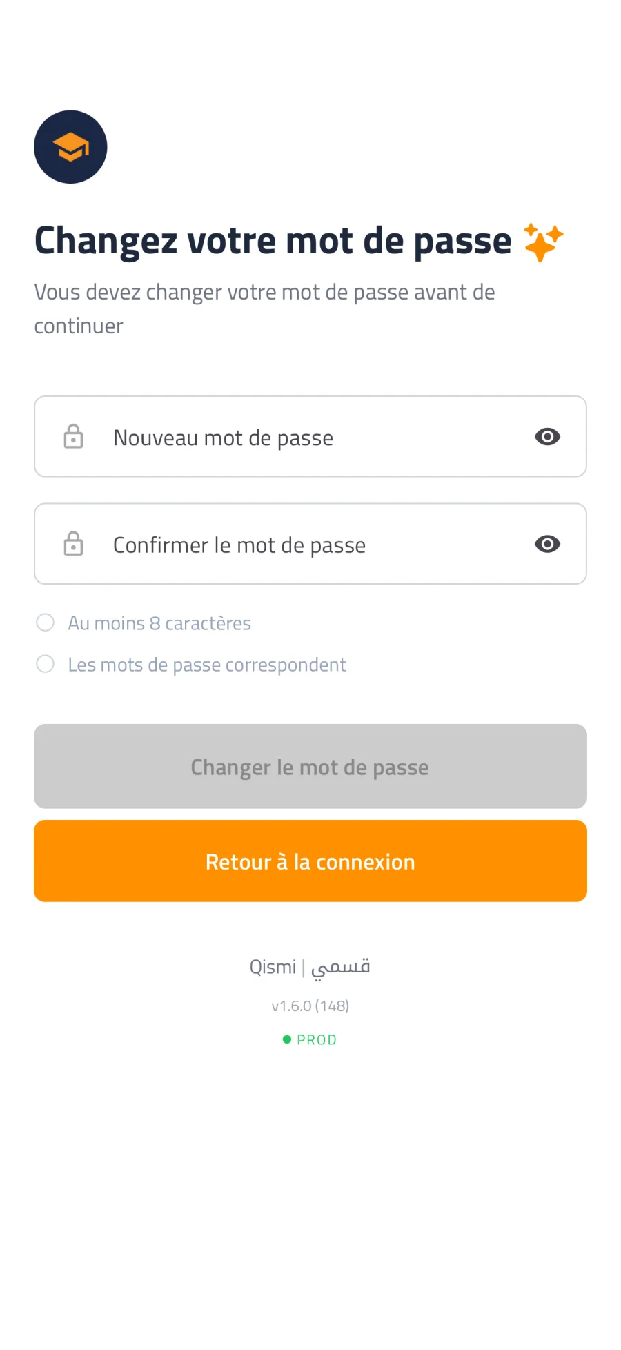 L'écran « Changez votre mot de passe » à la première connexion