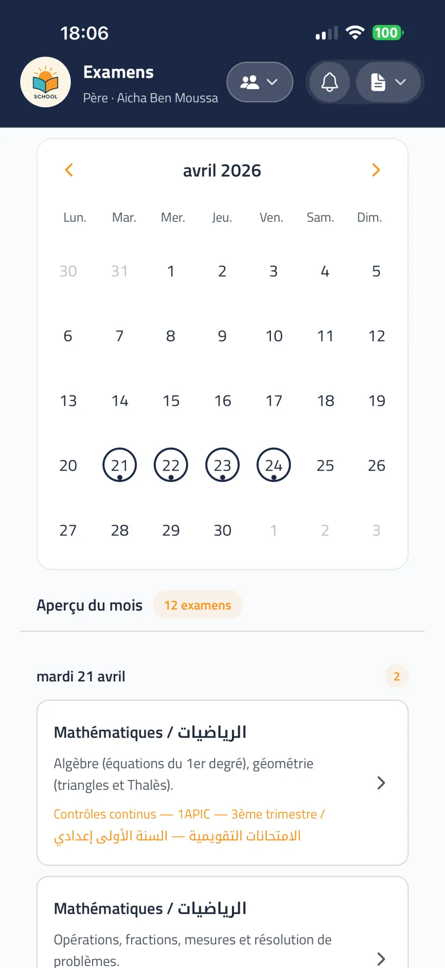 Calendrier des examens